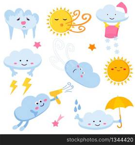Set of funny clouds and suns. Seasonal weather images. Set of funny clouds and suns. Weather images