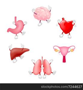 Set of funny cute cartoon internal organs. Healthy characters of brain, lung, stomach, heart, liver and uterus. Illustration isolated on white background.