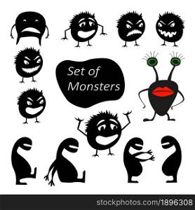 Set of funny cute silhouette creatures with different emotions. Isolated Critters hand-drawn. Design for print on t-shirts. All monsters are grouped.