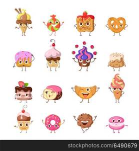 Set of funny dancing sweets. Flat design. Colorful confectionery bake cartoon in different mood smiling, laughing, lost, upset, drowsiness, happy, joyful, angry. For restaurant menu illustrating . Set of Funny Dancing Sweets Vector in Flat Design. Set of Funny Dancing Sweets Vector in Flat Design
