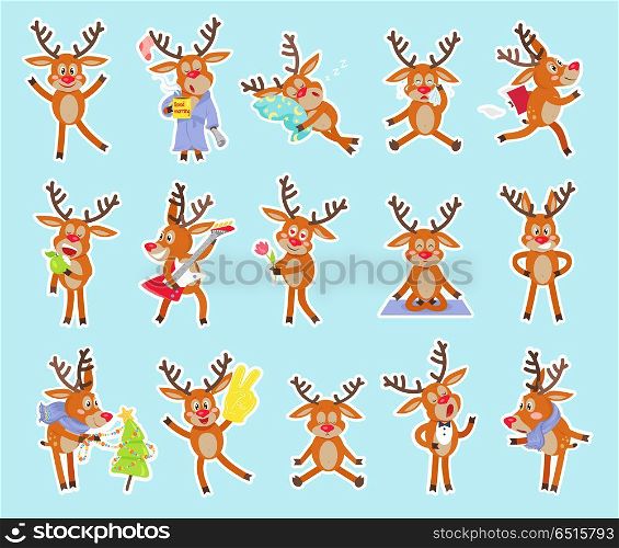 Set of funny deers vector. Flat style. Cute sleeping, hurry, crying, chanting, meditating, loving, angry, playing the guitar, resting cheerful confused celebrating Christmas deer cartoon . Set of Funny Cute Deers in Different Situations . Set of Funny Cute Deers in Different Situations