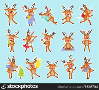 Set of funny deers vector. Flat style. Cute sleeping, hurry, crying, chanting, meditating, loving, angry, playing the guitar, resting cheerful confused celebrating Christmas deer cartoon . Set of Funny Cute Deers in Different Situations . Set of Funny Cute Deers in Different Situations