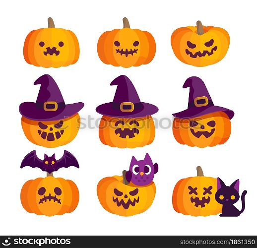 Set of funny Halloween pumpkins face decorated with witchcraft hat and horror bat,cat, owl vector illustration.Flat design icon.