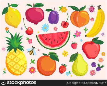 Set of funny hand drawn isolated fruits and berries.Sweet summer treat,tasty food s-lemon,pomegranate,plum,peach and cherry,orange,blueberry and raspberry,apple,pineapple,strawberry,banana.Vector. Big set of funny hand drawn fruits and berries.