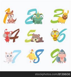 Set of funny numbers with cartoon animals.  . Set of funny numbers with cartoon animals. 