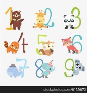 Set of funny numbers with cartoon animals.  . Set of funny numbers with cartoon animals. 