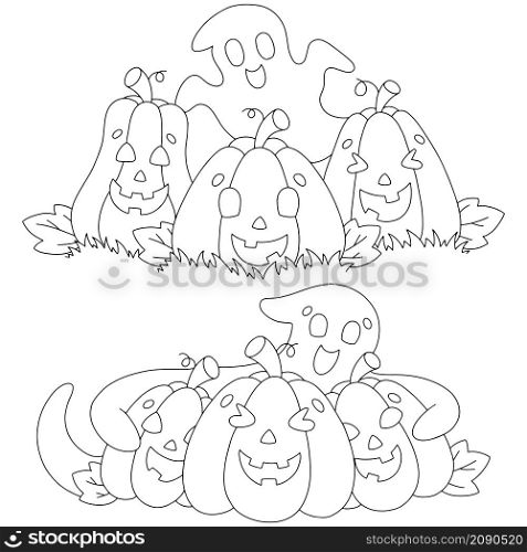 Set of funny pumpkins and ghosts. Coloring book page for kids. Cartoon style character. Vector illustration isolated on white background. Halloween theme.