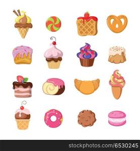Set of Funny Sweets in Flat Design. Confectionery. Set of funny sweets in flat design. Ice cream, candy, waffle, pretzels, cake, cupcake, cookie, doughnut, croissant, macaroons Colorful confectionery bake cartoon illustrations Vector tasty goodies