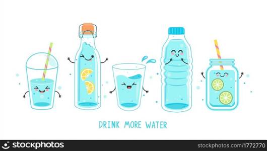 Set of funny water characters in bottles and glasses. Kawaii smiling full glass,plastic takeaway cup, bottle with lemon, detox with lime, text. Hand drawn cute vector. H2O for health.Drink more water.. Set of clean and fresh water in bottles, glasses.