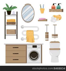 Set of furniture elements for bathroom and toilet. Vector illustrations of hygiene equipment and objects. Cartoon mirror l&bidet washing machine isolated on white. Home or hotel interior concept. Set of furniture elements for bathroom and toilet