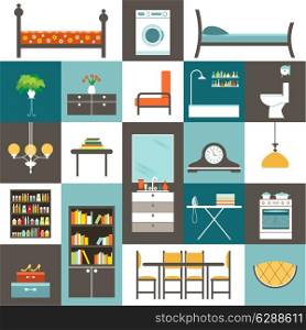 Set of furniture for kitchen, bathroom, living room and bedroom. Vector illustration