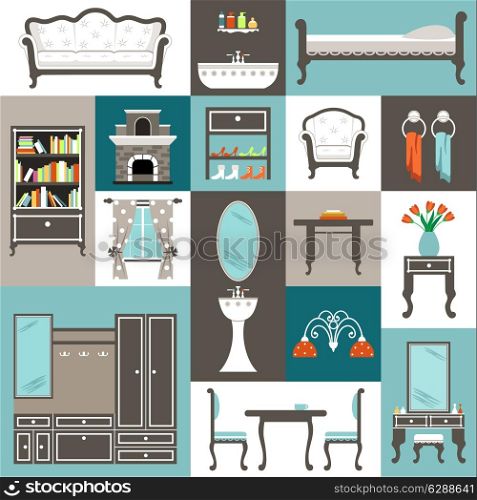Set of furniture for kitchen, bathroom, living room and bedroom. Vector illustration