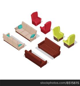 Set of furniture vectors in isometric projection. Classic armchair and sofa illustrations for stores ad, app icons, infographics, logo, web and games environment design. Isolated on white background . Set of Furniture Vectors in Isometric Projection. Set of Furniture Vectors in Isometric Projection