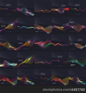 Set of futuristic colorful waves and lines on dark background. Set of futuristic colorful waves and lines on dark backgrounds. Smoke style design with glowing effects