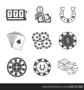 Set of Gambling Accessories Vector Illustrations.. Set of Gambling Accessories vector. Flat style. Slot machine, horseshoe, chips cards, dice, money roulette Illustrations for gambling industry, sport lottery services, icons, web pages, logo design.