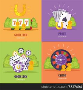 Set of gambling conceptual vector banners in flat style. Good luck, poker, casino concepts with assessors. Illustrations for gambling industry, sport lottery services, icons, web pages, logo design. . Set of Gambling Conceptual Vector Banners. . Set of Gambling Conceptual Vector Banners.