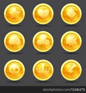 Set of game coins, game interface, gold, vector cartoon style. Set of game coins, game interface, gold, vector, cartoon style, isolated