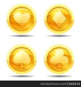 Set of game coins playing cards, clubs, peak, hearts, diamonds, game interface gold vector. Set of game coins playing cards, clubs, peak, hearts, diamonds, game interface, gold, vector, cartoon style, isolated