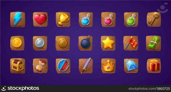 Set of game icons or buttons. Cartoon 3d ui shield, sword, flash and heart, golden cup, magic potion flasks, gold key and treasure chest. Flag, gift box, bomb and money bills, hourglass and brilliant. Set of game icons or buttons. Cartoon ui elements