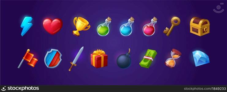 Set of game icons, shield, sword, lightning flash and heart, golden cup, magic potion flasks, gold key and treasure chest. Cartoon 3d ui flag, gift box, bomb and money bills, hourglass and brilliant. Set of game icons, shield, sword, flash and heart