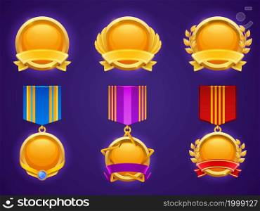Set of game level ui icons, empty golden medals with banners, wings, star and laurel wreaths, isolated award frames or bonus graphic elements, reward, trophy achievement and prize for rpg or casino. Set of game level ui icons, empty golden medals