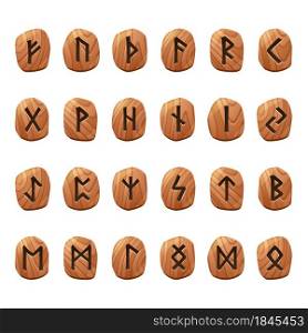 Set of game runes, nordic ancient alphabet, viking celtic futark symbols engraved on wooden pieces. Esoteric occult signs, mystic ui or gui design elements, isolated cartoon vector illustration, icons. Set of game runes, nordic ancient alphabet, icons
