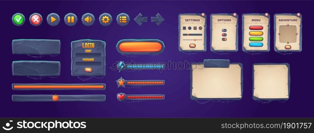 Set of game stone frames, bars, ui scrolls, boards with antique parchments and menu buttons. Cartoon interface elements, empty borders with banners, ui or gui design scales, keys, user panel settings. Set of game stone frames, bars, ui scrolls, boards