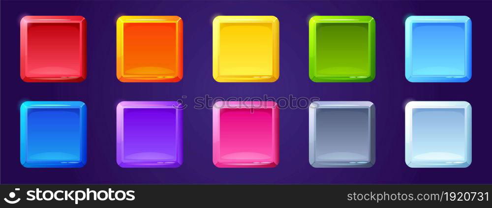 Set of game ui app icons, square buttons, cartoon menu interface colorful blocks. Gui graphic design elements for user panel settings red, blue, yellow, green, purple isolated 2d vector illustration. Set of game ui app icons, square buttons for menu