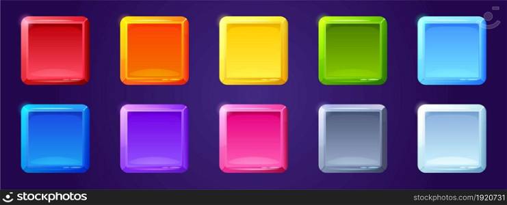 Set of game ui app icons, square buttons, cartoon menu interface colorful blocks. Gui graphic design elements for user panel settings red, blue, yellow, green, purple isolated 2d vector illustration. Set of game ui app icons, square buttons for menu