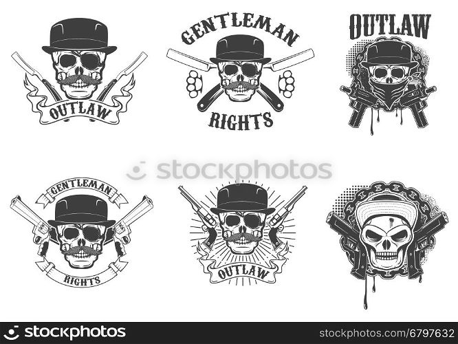 Set of gangsta skulls isolated on white background. Design element for t-shirt print, poster, sticker. Vector illustration.