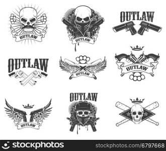 Set of gangsta skulls isolated on white background. outlaw. Wings with weapon. Design element for t-shirt print, poster, sticker. Vector illustration.