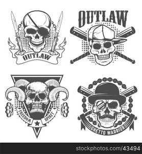 Set of gangster emblems. Skull with two crossed knives on grunge background. Design element for t-short print. Vector illustration