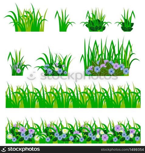 Set of garden flowers in grass. Fowers, green leaves, grass compositions, can be used as elements for scenes and landscape backgrounds creating. Vector illustration, isolated on white background