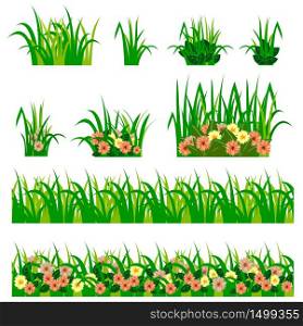 Set of garden flowers in grass. Fowers, green leaves, grass compositions, can be used as elements for scenes and landscape backgrounds creating. Vector illustration, isolated on white background