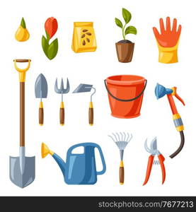 Set of garden tools and equipment. Season gardening illustration.. Set of garden tools and equipment. Gardening illustration.