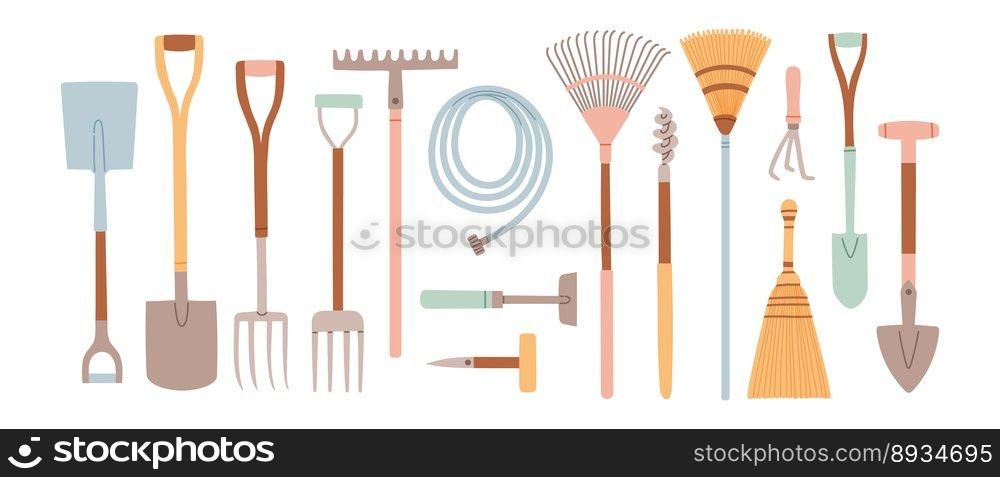 Set of gardening items in hand drawn style. Agricultural and garden tools for spring work. Vector isolated on white