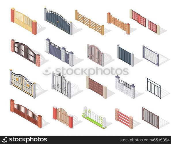 Set of gates and fences vectors. Isometric projection. Collection of metal, wrought iron, lattice and wooden gates and fences for yard. For gaming environment, app, web design. Isolated on white. Set of Gates and Fences In Isometric Projection. Set of Gates and Fences In Isometric Projection