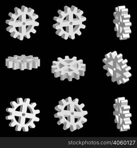 set of gear wheels, 3D gear machines in different projections, vector. set 3d gears
