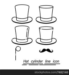 Set of gentleman - hats, mustaches, monocle in a linear style. Line icon. Isolated on white background. Vector illustration.