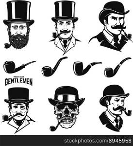 Set of gentleman&rsquo;s head with smoking pipes. Design elements for logo, label, emblem, sign. Vector illustration