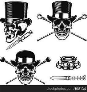 Set of gentleman skull in vintage hats. Design element for poster, emblem, sign, t shirt. Vector illustration