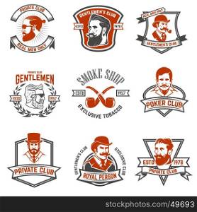 Set of gentlemen's private club labels. Poker and smoking club. Design elements for logo, emblem, sign. Vector illustration