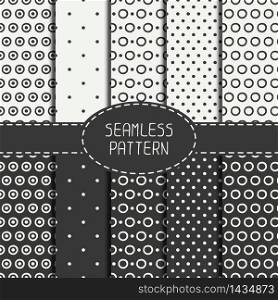 Set of geometric abstract seamless pattern with hand drawn circles. Collection of wrapping paper. Scrapbook paper. Graphic polka dot texture. Doodle style. Vector illustration. Background. . Set of geometric abstract hipster seamless pattern with hand drawn circles. Collection of wrapping paper. Scrapbook paper. Graphic polka dot texture. Doodle style. Vector illustration. Background.