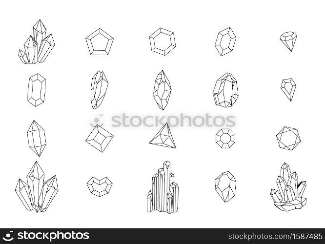 Set of geometric crystals. Black and white line crystals and hand drawn stones, jewelry gems, luxury stalagmites and stalactites, black outline elements isolated on white background vector collection. Set of geometric crystals. Black and white line crystals and hand drawn stones, luxury stalagmites and stalactites, black outline elements isolated on white background vector collection