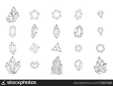 Set of geometric crystals. Black and white line crystals and hand drawn stones, jewelry gems, luxury stalagmites and stalactites, black outline elements isolated on white background vector collection. Set of geometric crystals. Black and white line crystals and hand drawn stones, luxury stalagmites and stalactites, black outline elements isolated on white background vector collection
