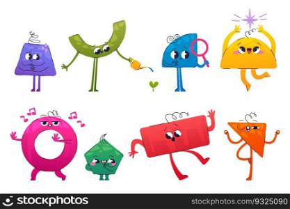 Set of geometric figure characters with different emotions. Flat vector illustration of rectangle, triangle, circle, trapeze, pentagon mascots with doodle elements singing, dancing, happy, sad. Set of geometric figure characters with emotions