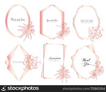 Set of geometric frame with hand drawn floral. Botanical composition.Decorative element for wedding card. Invitations Vector illustration.