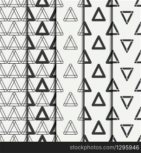 Set of geometric line monochrome abstract hipster seamless pattern with triangle. Wrapping paper. Scrapbook paper. Tiling. Vector illustration. Background. Graphic texture for design, wallpaper.. Set of geometric line monochrome abstract hipster seamless pattern with triangle. Wrapping paper. Scrapbook paper. Tiling. Vector illustration. Background. Graphic texture for your design, wallpaper.