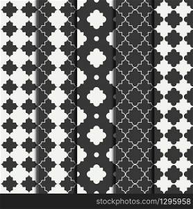 Set of geometric line monochrome lattice seamless arabic pattern. Islamic oriental style. Wrapping paper. Scrapbook paper. Tiling. White vector illustration. Moroccan background. Graphic texture.. Set of geometric line monochrome lattice seamless arabic pattern. Islamic oriental style. Wrapping paper. Scrapbook paper. Tiling. Vector illustration. Moroccan background. Swatches. Graphic texture.