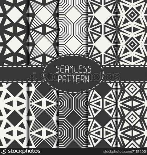 Set of geometric line monochrome lattice seamless arabic pattern. Islamic oriental style. Wrapping paper. Scrapbook paper. Tiling. White vector illustration. Moroccan background. Swatches. Graphic texture.